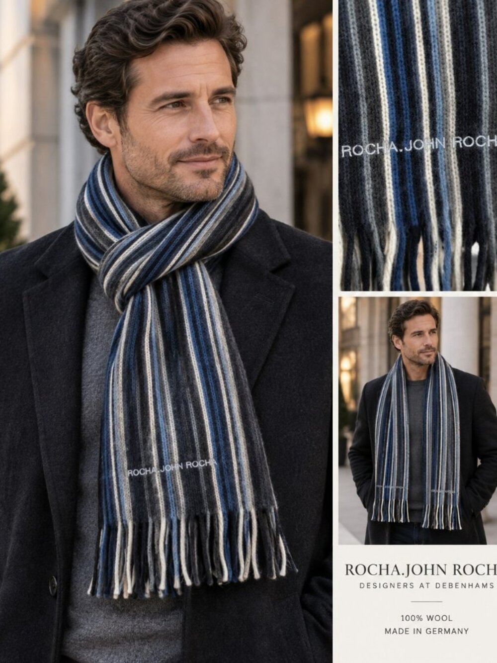 Rocha John Rocha 100% Wool Scarf Blue Gray Stripe Made Germany Designer